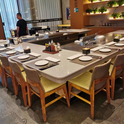 Indoor Teppanyaki Grill Table with Customized Marble Decoration for 7-10 Seats and 500x400mm Cooking Size