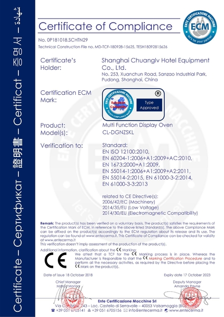 Chiny Shanghai Chuanglv Catering Equipment Co., Ltd Certyfikaty